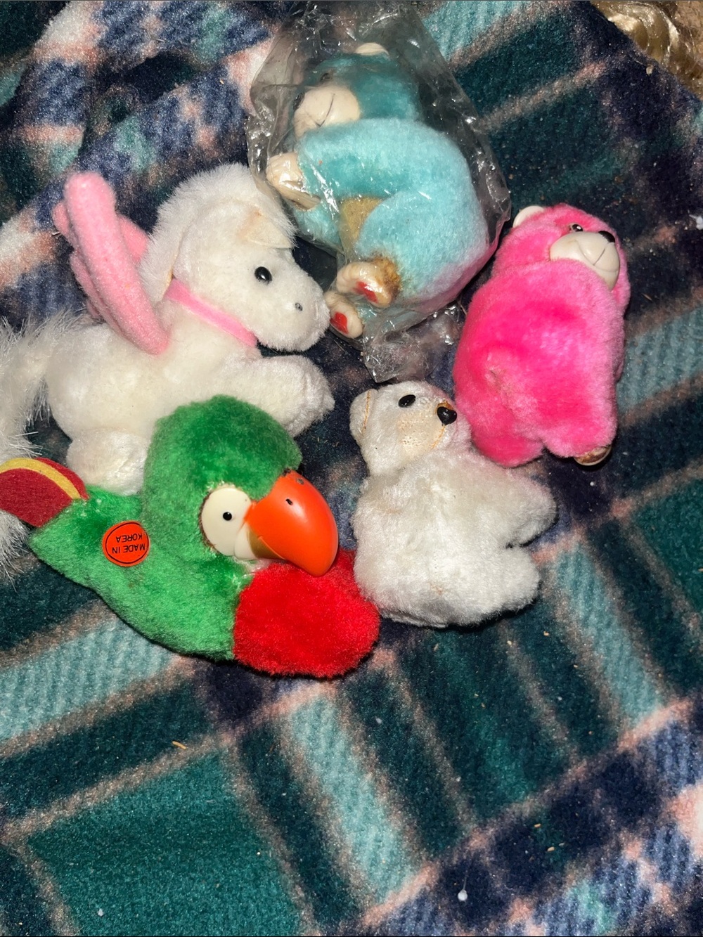 Vintage 1980s Clip On Plush Toy Lot Finger Grabber Bear Parrot White Bear Retro